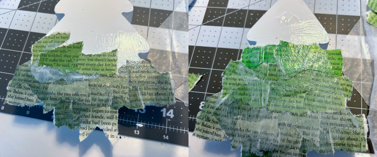 adding medium and bright green book page pieces to the wood tree with Mod Podge