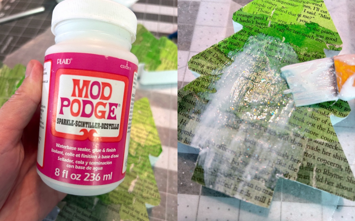 applying sparkle Mod Podge to the top of the book page pieces
