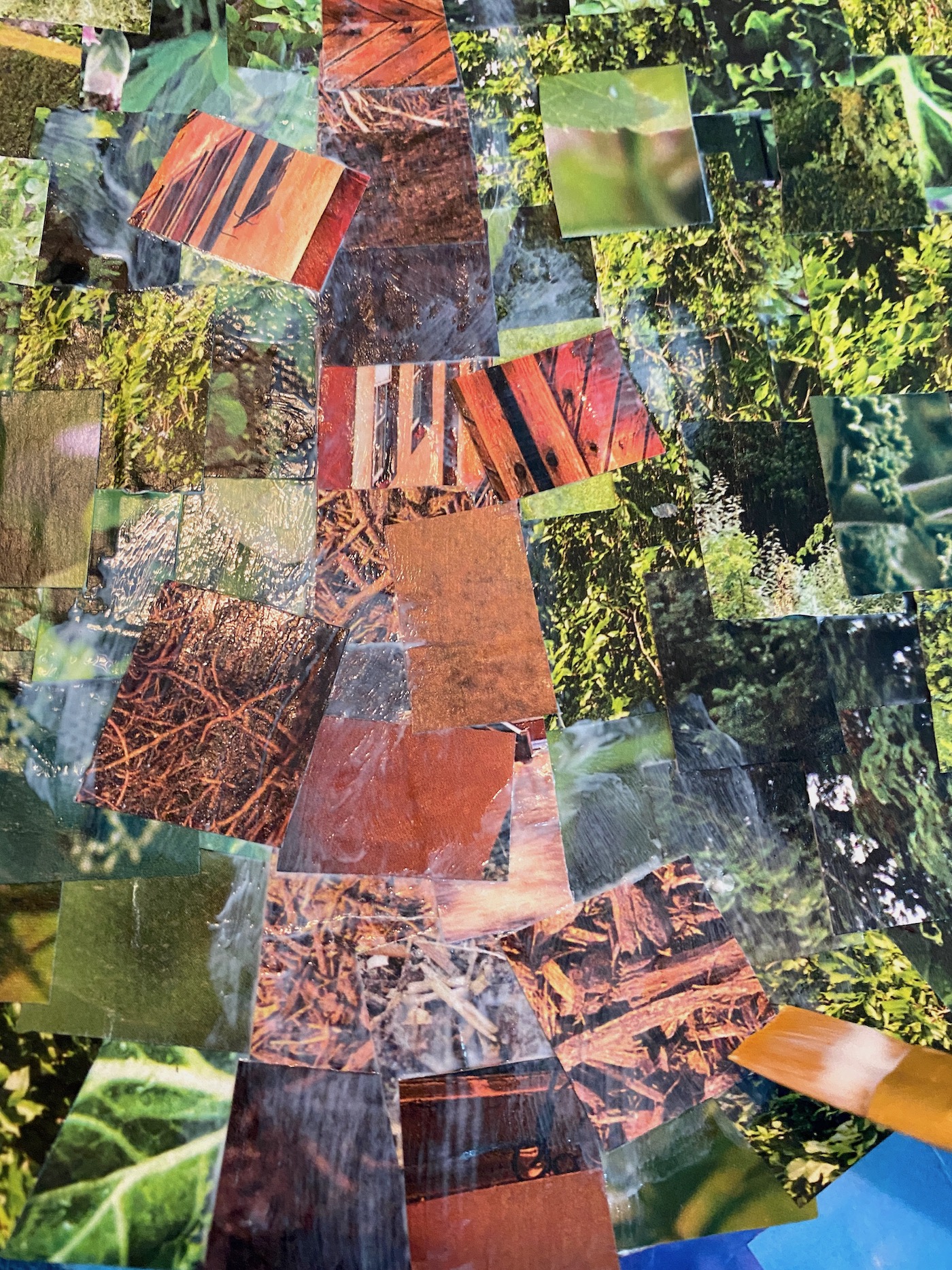 Applying the brown magazine squares using Mod Podge
