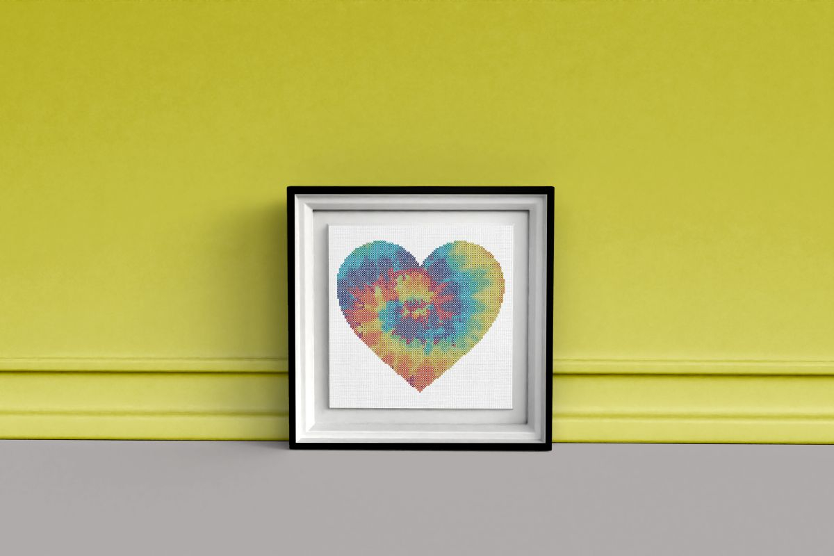 Cross stitch tie dye rainbow heart (free pattern)