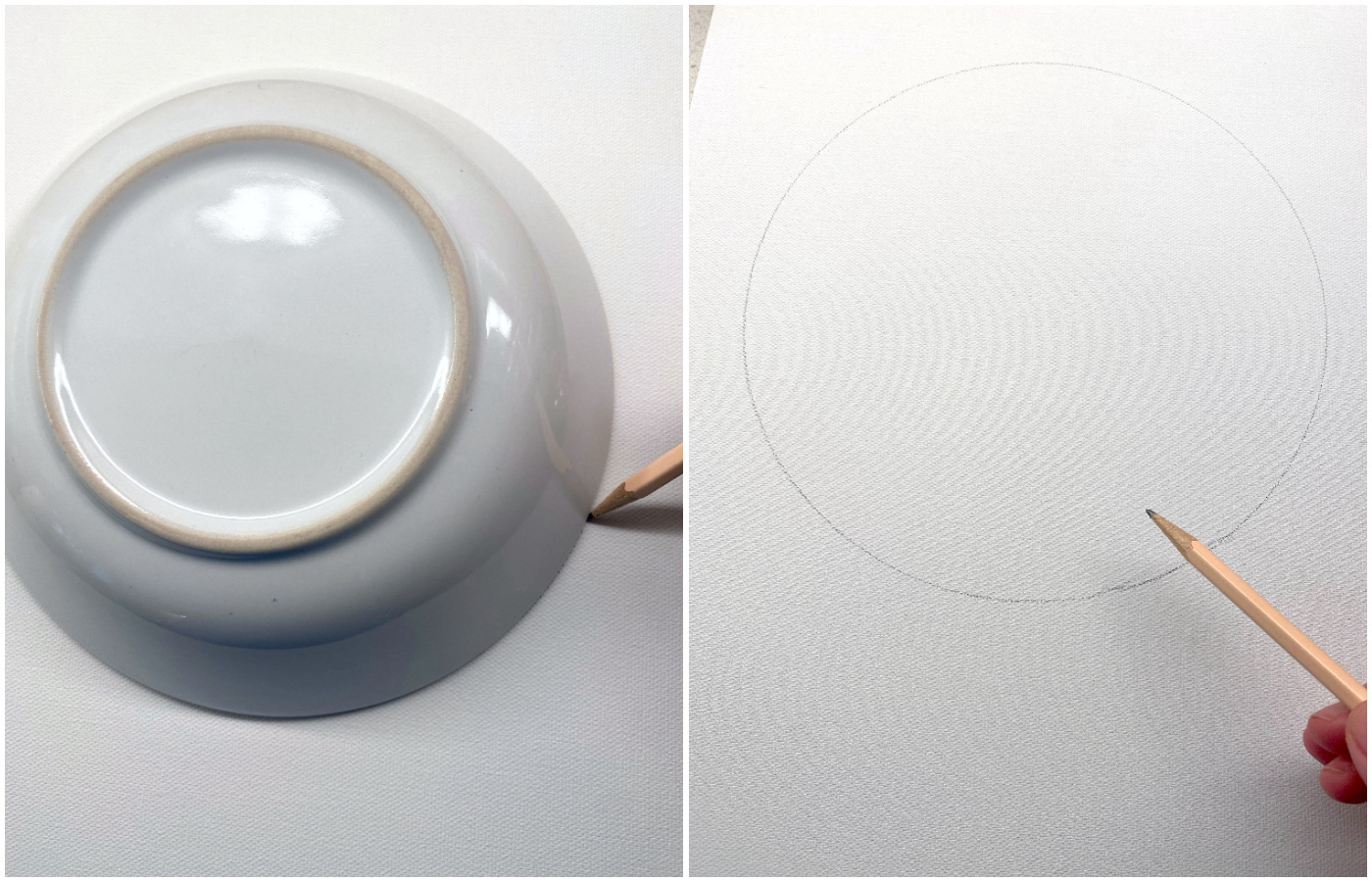 Drawing the top of the tree on canvas with a bowl and pencil