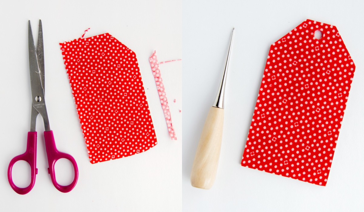 fabric trimmed with scissors and an awl next to the tag
