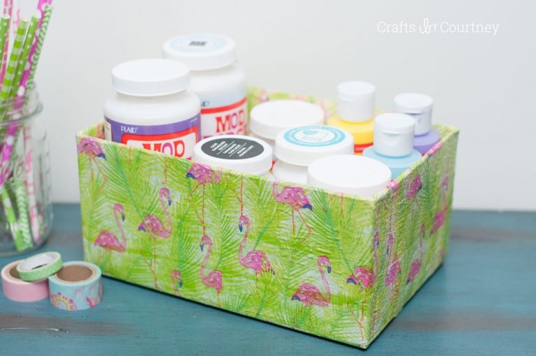 decoupage cardboard box with craft supplies inside
