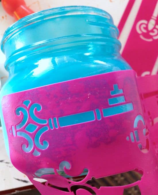 Adhesive stencil on a mason jar