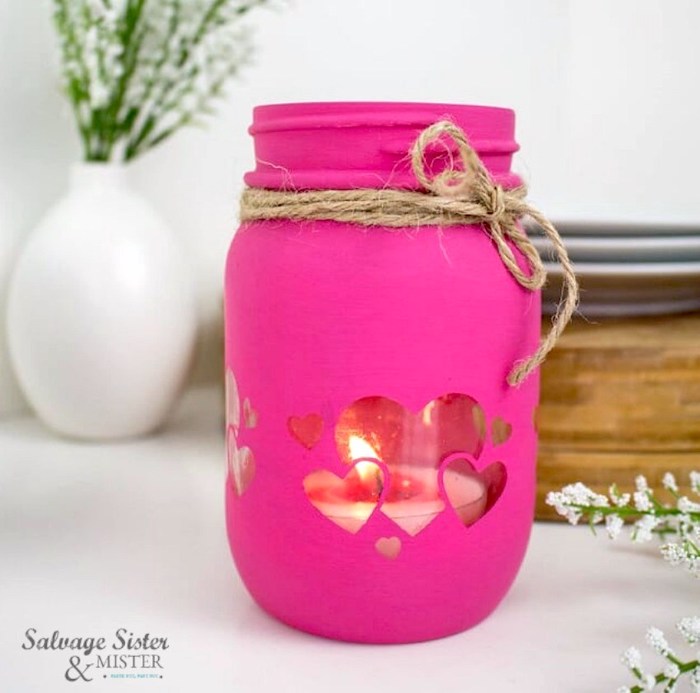 Painted Mason Valentine Jar Lantern with Heart Cut-Outs