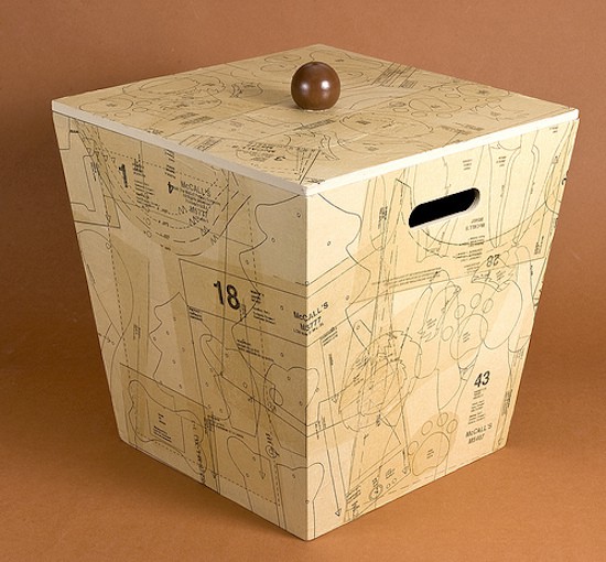 Wood box from Michaels covered in pattern pieces and decoupage medium
