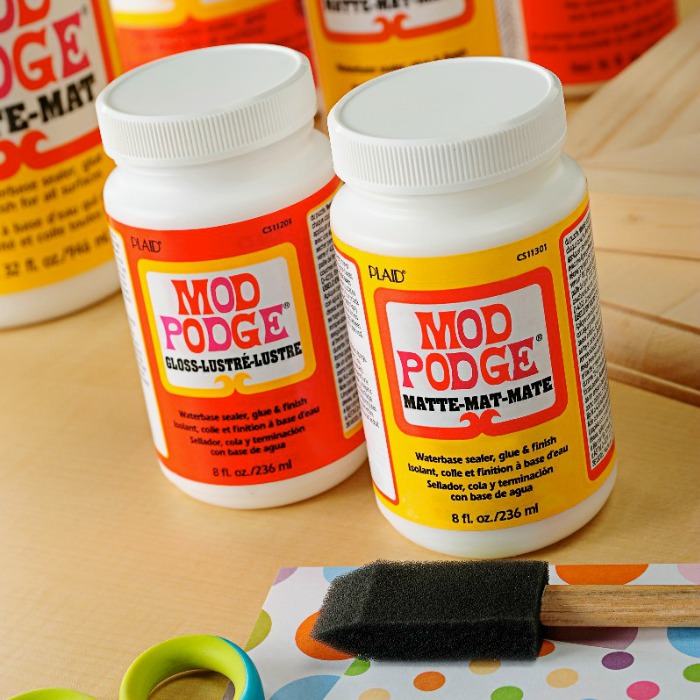 Mod Podge Gloss and Matte with a foam brush in front