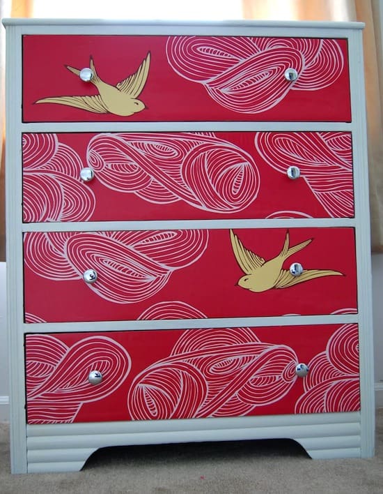 mod podge wallpaper on furniture