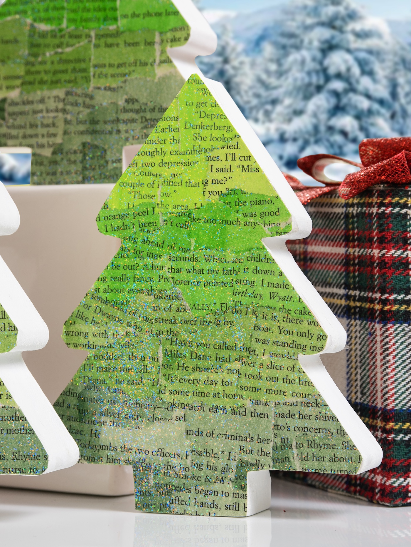 Mod Podge wood tree with book pages