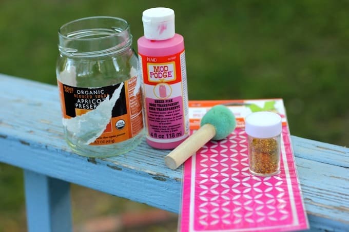 Old jar, Mod Podge, adhesive stencil, spouncer, glitter