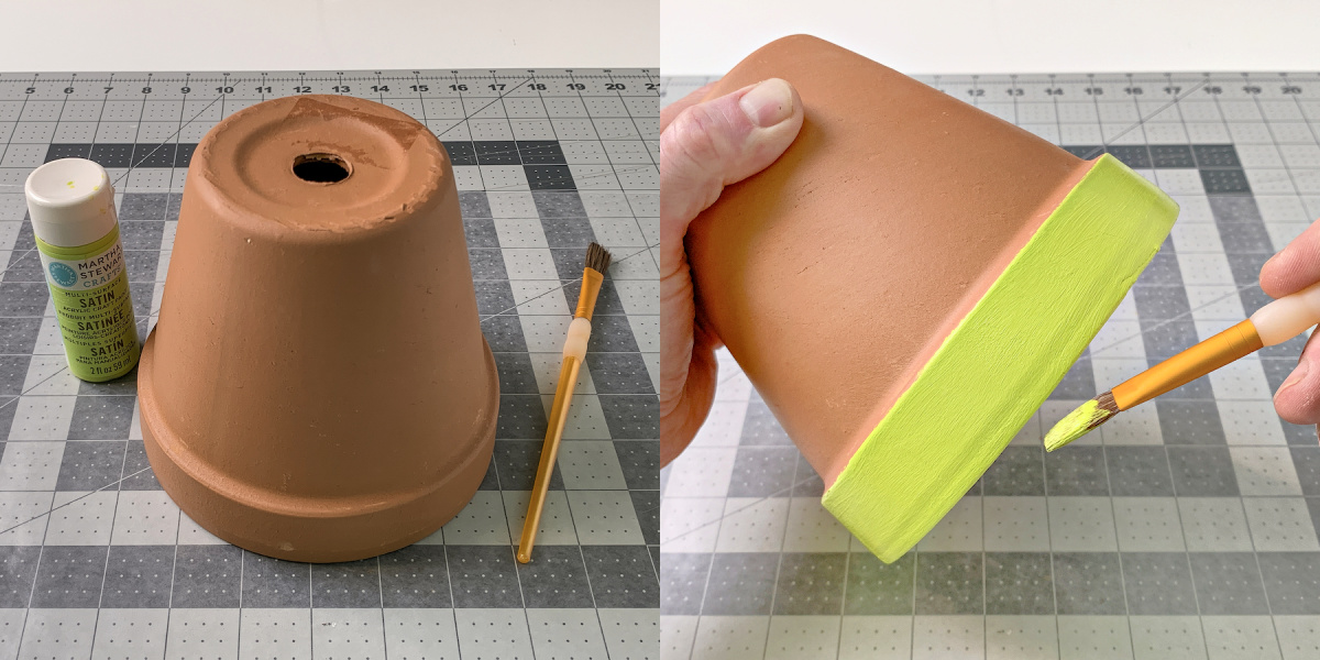 Painting a pot with lime green acrylic paint