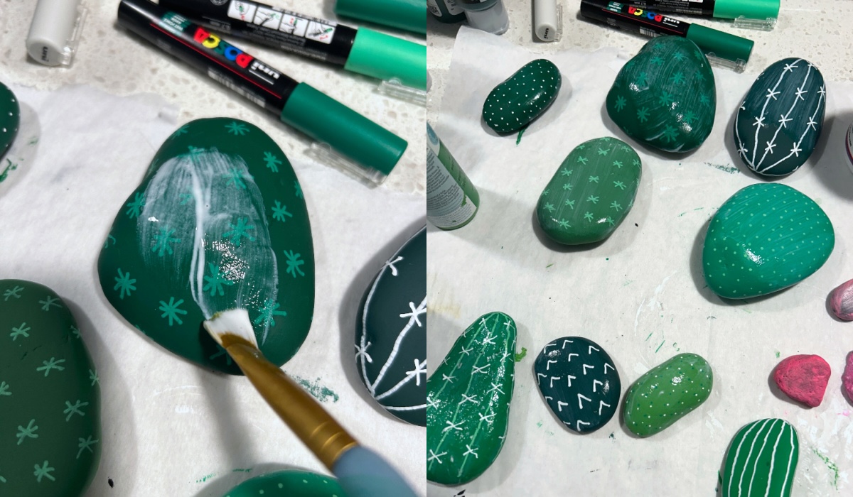 painting the cactus rocks with mod podge