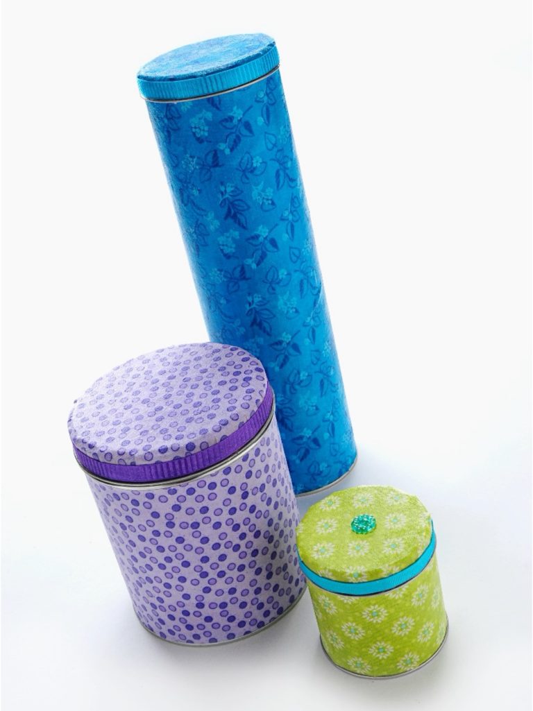 recycled cookie tins with fabric and mod podge