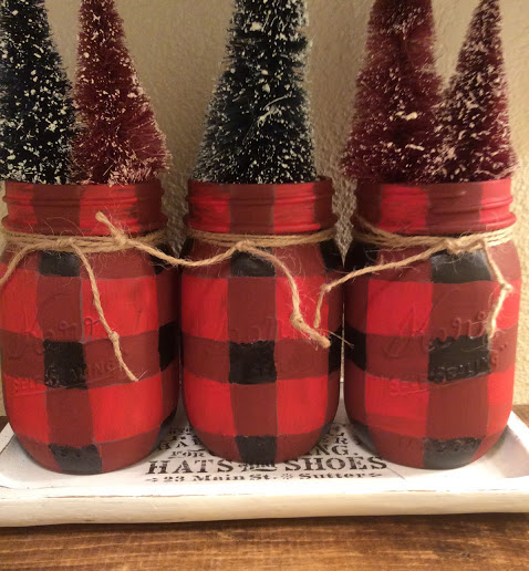 red buffalo plaid painted mason jars