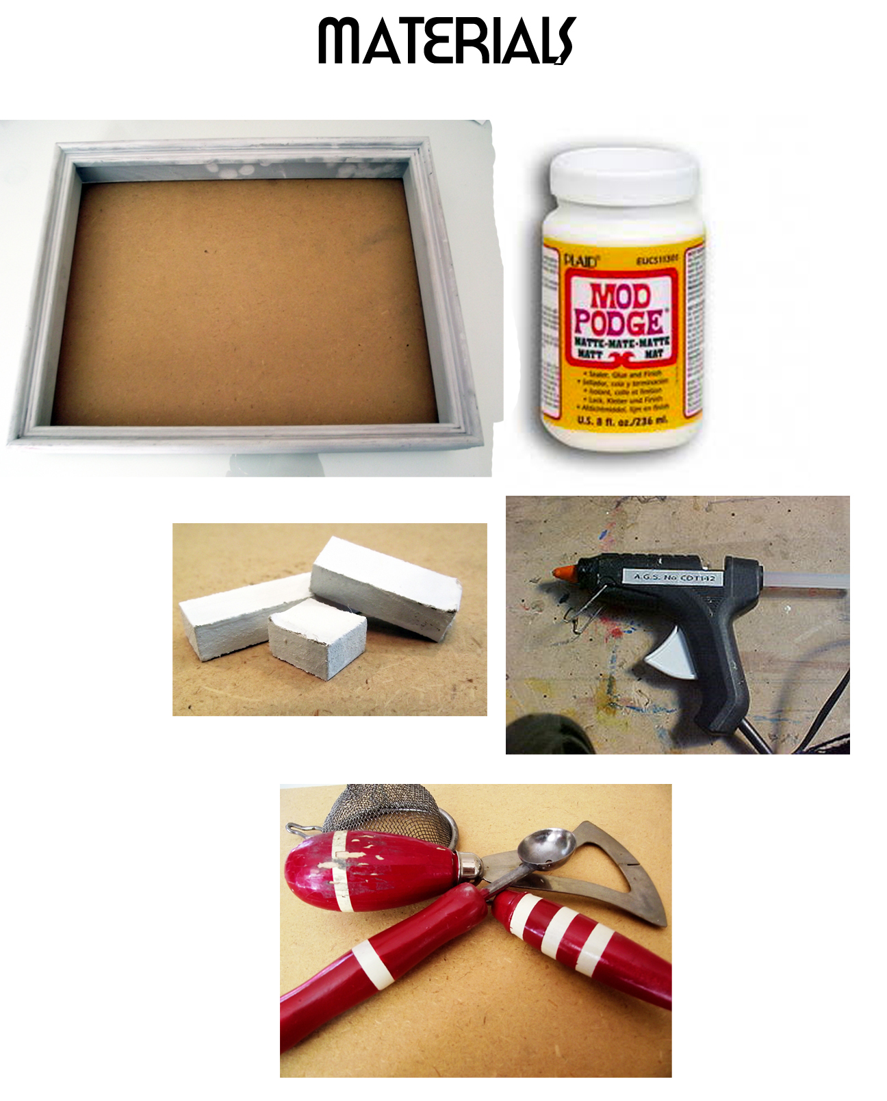 Shadowbox, Mod Podge, wood shims, glue gun, and kitchen tools