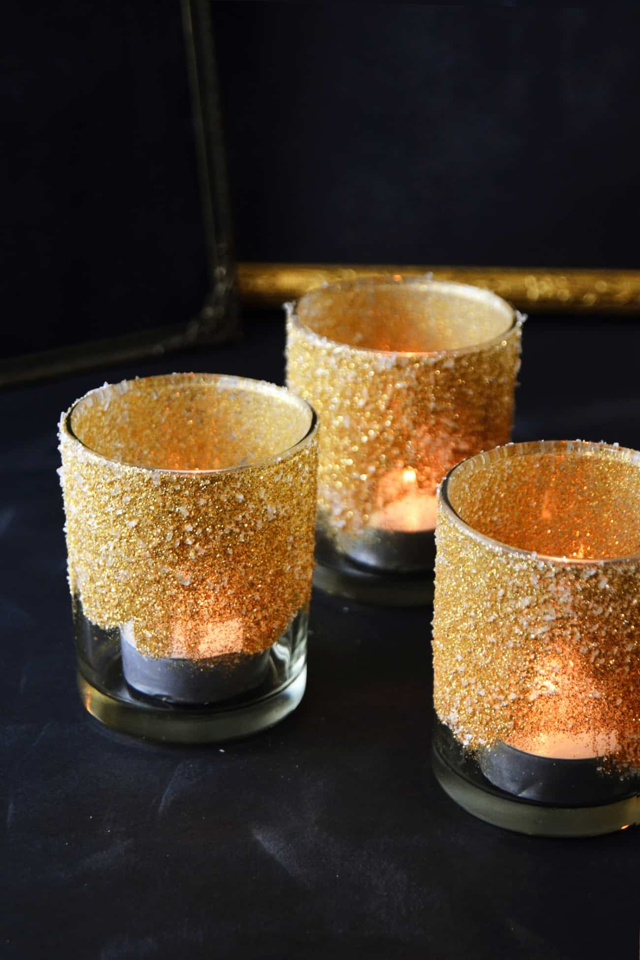 finished gold glitter votives with tealights