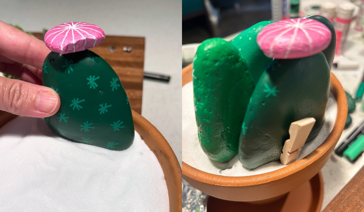 stabilizing the rocks in the pot with a half clothespin