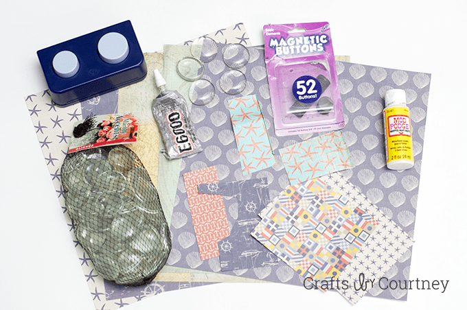 Clear glass marbles, Mod Podge, E-6000, magnets, and scrapbook paper